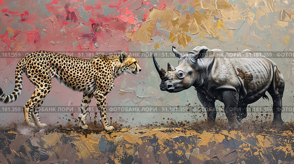Savannah Showdown: Stealthy Cheetah Confronts Mighty Rhino. Стоковое AI-изображение, AI-художник Konstantin Plotnikov / Фотобанк Лори