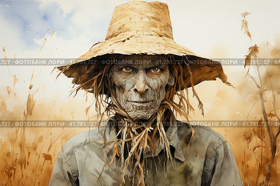 Scarecrow, watercolor  Generative AI. Стоковое AI-изображение, AI-художник Анна Кривицкая / Фотобанк Лори
