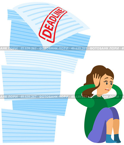 Scared woman hiding from work and problems at workplace. Businesswoman suffers from fear of deadline concept. Workload deadline disasters. Mess and tasks. Overwork, many assignments and little time. Scared woman hiding from work. Businesswoman suffers from fear of deadline. Overwork concept. Стоковая иллюстрация, агентство Ingram Publishing / Фотобанк Лори