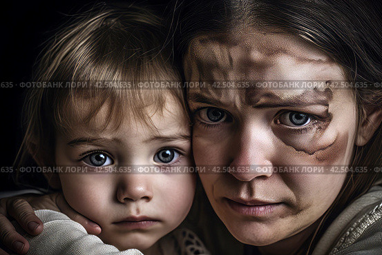 Scared woman with child domestic violence portrait. Generate ai. Стоковое AI-изображение, AI-художник Иван Рябоконь / Фотобанк Лори
