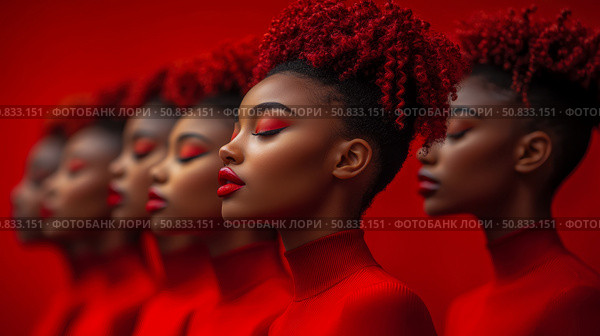Scarlet Cascade: An artistic portrait with synchronized figures in monochromatic red ambiance, for impactful social media visibility. Стоковое AI-изображение, AI-художник Данила Большаков / Фотобанк Лори