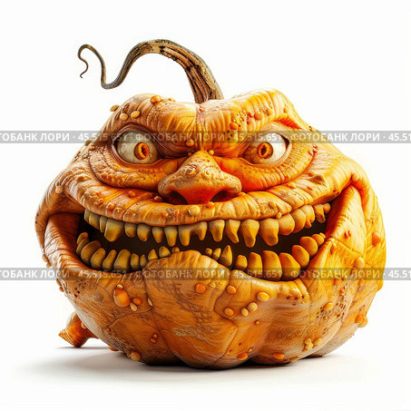 Scary halloween pumpkin grinning showing teeth on white background. Стоковое AI-изображение, AI-художник Иван Рябоконь / Фотобанк Лори