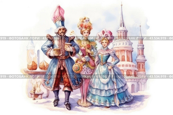 Scene with three characters dressed in period costumes. The man on the left is dressed in a blue caftan with fur trim and a tall pink hat, he holds golden goblets in his hands. In the center is a woman in a colorful outfit with floral decoration and a hat with feathers. On the right is a young woman in a blue dress with ruffles and a large pink hat. The scene takes place against a backdrop of Baroque architecture, perhaps a palace or church, creating the atmosphere of a historical holiday or celebration. Snow on the ground and winter light highlight the festive mood. Стоковое AI-изображение, AI-художник Анна Кривицкая / Фотобанк Лори