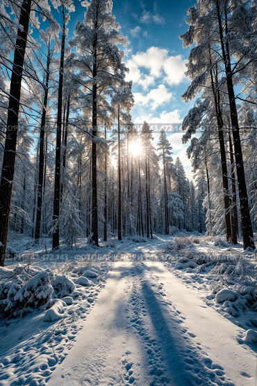 Scenery of scandinavian winter road in forest with trees, blue sky clouds, sunshine at Finland Karelia. Wintertime landscape, amazing nature view. Seasonal winter scene concept. Copy ad text space. Стоковое AI-изображение, AI-художник Aleksandr Golubev / Фотобанк Лори