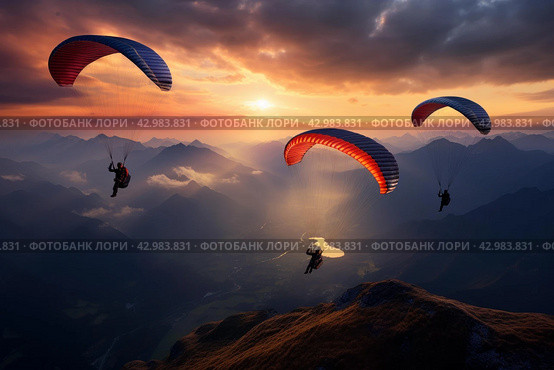 Scenic Paragliders mountains sunset background. Generate Ai. Стоковое AI-изображение, AI-художник Иван Рябоконь / Фотобанк Лори