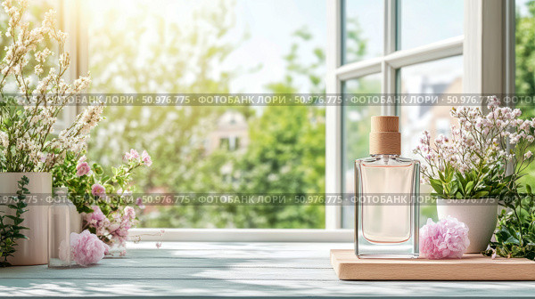 Scented Fragrance Bottle on Windowsill with Spring Flowers: A Relaxing Atmosphere. Стоковое AI-изображение, AI-художник Данила Большаков / Фотобанк Лори