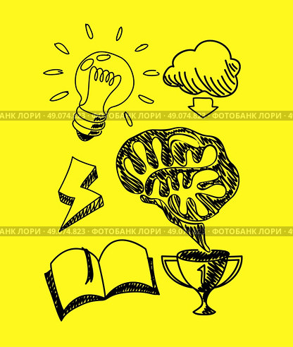 Scetch hand drawn new idea notebook. Idea and innovation new, light bulb, new concept, think outside the box, hand doodle drawn, notebook and sketch, drawing, scribble new idea business illustration. Стоковая иллюстрация, агентство Ingram Publishing / Фотобанк Лори