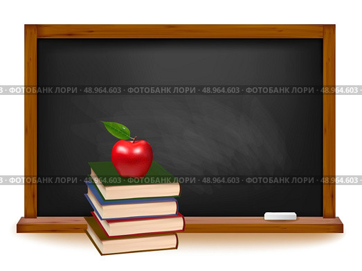 School books with apple on desk. School board background. Vector. . Стоковая иллюстрация, агентство Ingram Publishing / Фотобанк Лори