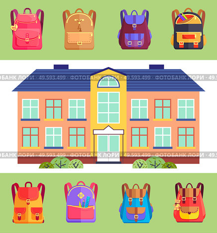 School building with set of schoolbag icons in different colors and styles. Bags for pupils or students. Green pencil and ruler, teddy bear trinket at bag. Facade front view of educational institution. School building with set of schoolbag icons in different colors, styles, bags for pupils or students. Стоковая иллюстрация, агентство Ingram Publishing / Фотобанк Лори