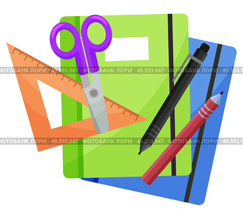School copybooks or diary, stationery supplies isolated object vector. Notebook and scissors, pencil and pen, triangular ruler, class or lesson item. Back to school concept. Flat cartoon. School Stationery Supplies and Notebooks or Diary. Стоковая иллюстрация, агентство Ingram Publishing / Фотобанк Лори