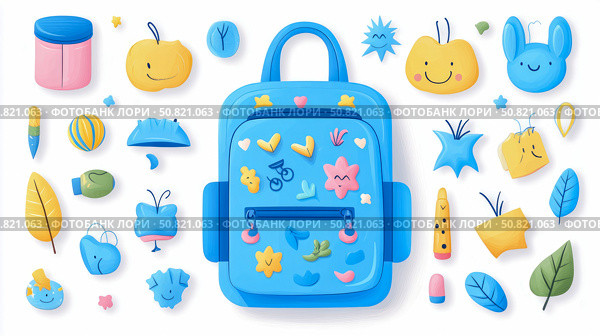 School days: A backpack with cute stationary for the young learner, design for print, card, poster. Стоковое AI-изображение, AI-художник Данила Большаков / Фотобанк Лори