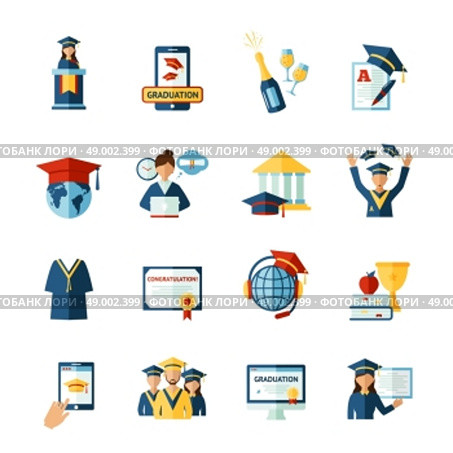 School graduation flat icons set. High school college graduation flat pictograms collection with official diploma and academic hat abstract isolated vector illustration. Стоковая иллюстрация, агентство Ingram Publishing / Фотобанк Лори