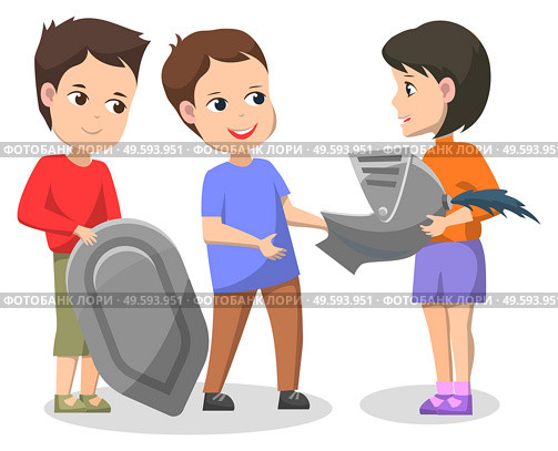 School history club for pupils. Three kids playing historical scene about knights. Children have armor and helmet for installation. Vector illustration in flat cartoon style. School History Club, Children Doing Installation. Стоковая иллюстрация, агентство Ingram Publishing / Фотобанк Лори