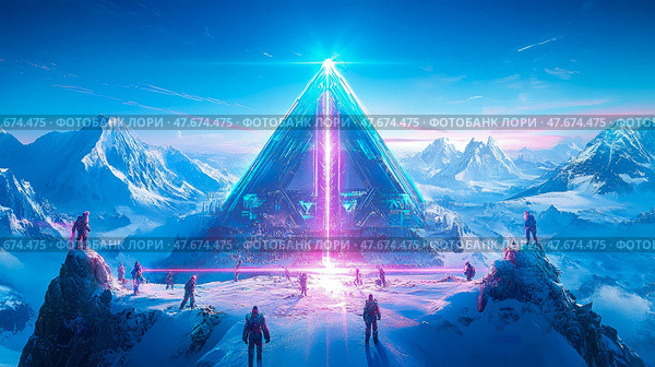 Sci-Fi Exploration: Adventurers at a Crystal Pyramid in a Snowy Mountain Range. Стоковое AI-изображение, AI-художник Данила Большаков / Фотобанк Лори