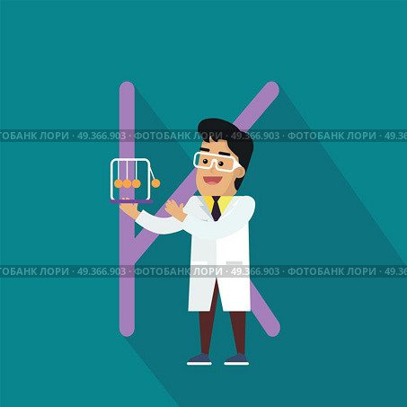 Science Alphabet. Letter - K.. Science alphabet. Letter - K. Scientists in white coat with Newton s cradle. Simple colored letters and scientist character. Scientific research, science lab, science test, technology illustration. Flat design. Стоковая иллюстрация, агентство Ingram Publishing / Фотобанк Лори
