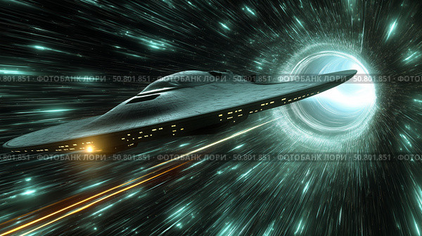Science fiction spaceship travels through a swirling black hole in a distant galaxy. Стоковое AI-изображение, AI-художник Михаил Коханчиков / Фотобанк Лори