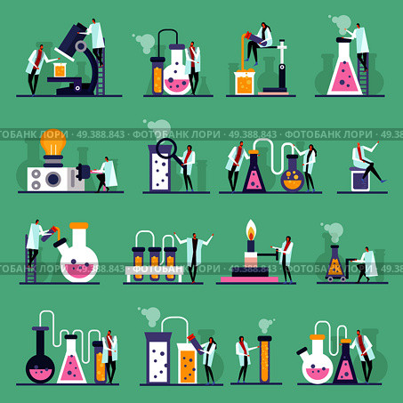 Science lab flat icons, human characters, test tubes and vials with substances, green background, isolated vector illustration. Science Lab Flat Icons. Стоковая иллюстрация, агентство Ingram Publishing / Фотобанк Лори