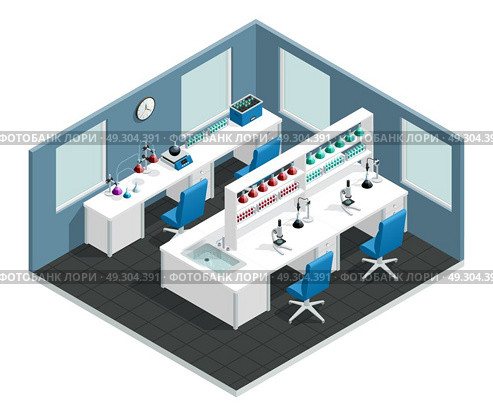 Scientific Laboratory Isometric Interior. Scientific laboratory interior isometric  concept with desk to conduct the experiment and flask with chemical reagents vector illustration . Стоковая иллюстрация, агентство Ingram Publishing / Фотобанк Лори