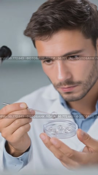 Scientist analyzing sample in petri dish. Стоковое AI-видео, аниматор Юрий Поздников / Фотобанк Лори