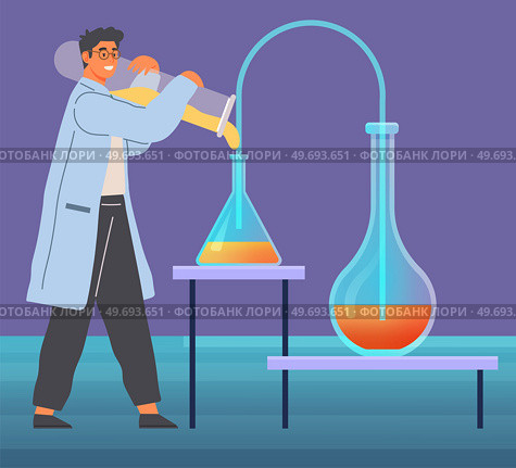 Scientist conducting experiments and liquid research in lab. Chemical laboratory substance development. Man chemist assistant wearing white coat holding beaker conducting experiment with test tubes. Scientist conducts experiments and liquid research in lab. Chemical laboratory substance development. Стоковая иллюстрация, агентство Ingram Publishing / Фотобанк Лори