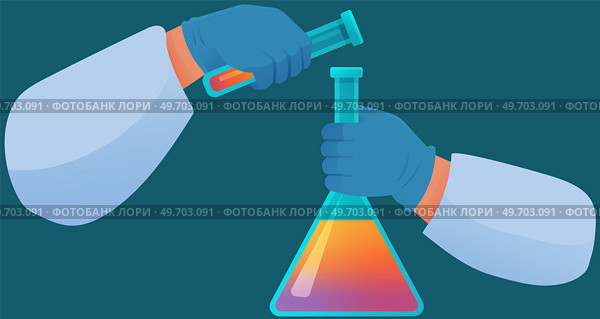 Scientist conducting experiments and liquid research in lab. Chemical laboratory substance development. Man conducting experiment with test tubes. Flask with biomaterial components in human hands. Scientist conducting experiments, liquid research in lab. Chemical laboratory substance development. Стоковая иллюстрация, агентство Ingram Publishing / Фотобанк Лори