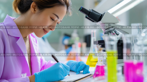 Scientist conducts research in laboratory with colorful reagents and detailed observations. Стоковое AI-изображение, AI-художник Сергей Толмачёв / Фотобанк Лори