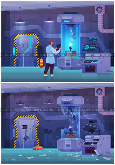 Scientist in lab conducts experiment. Study of technology with equipment before and after failed test, make research on professional apparatus. Modern laboratory physical tests with electricity. Scientist in lab conduct experiment. Study of technology with equipment before and after failed test. Стоковая иллюстрация, агентство Ingram Publishing / Фотобанк Лори
