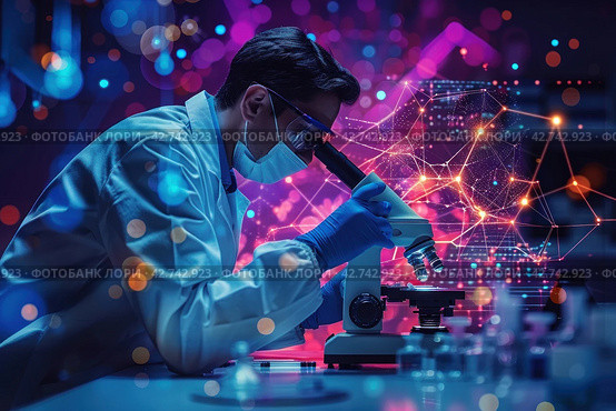 Scientist works in a laboratory using a microscope. Various chemical test tubes and bottles are visible, as well as brightly glowing molecular structures in the air, creating a sense of cutting-edge research and scientific discovery. Стоковое AI-изображение, AI-художник Анна Кривицкая / Фотобанк Лори