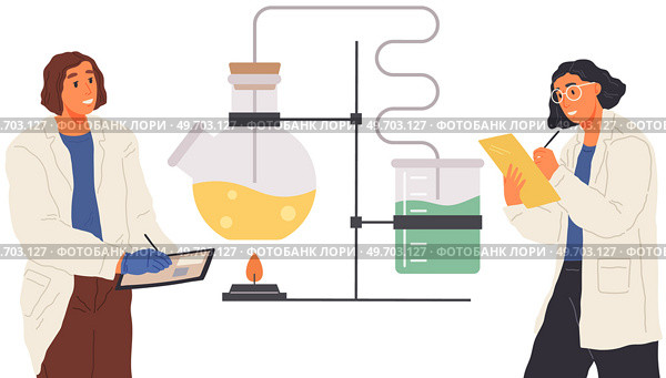 Scientists make laboratory analysis with equipment. Idea of education, chemistry, science. Colleagues conducting scientific experiment, chemical research. Researchers work with liquid in flask. Colleagues conducting scientific experiment. Scientists make laboratory research with equipment. Стоковая иллюстрация, агентство Ingram Publishing / Фотобанк Лори
