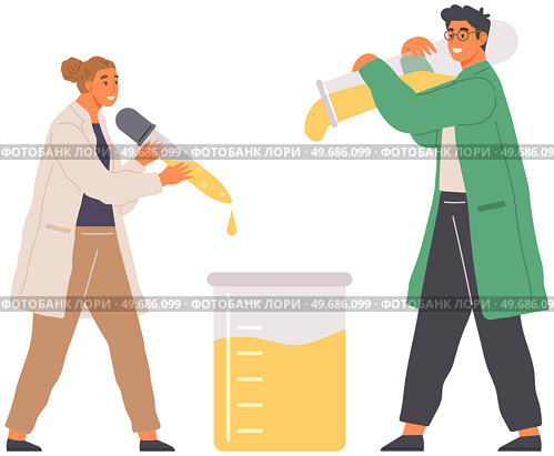 Scientists make laboratory analysis with reagents and catalysts. Idea of education, chemistry, science. Biologists conducting experiment chemical research with liquid in flask vector illustration. Biologists conducting experiment research with liquid in flask. Scientists make laboratory analysis. Стоковая иллюстрация, агентство Ingram Publishing / Фотобанк Лори