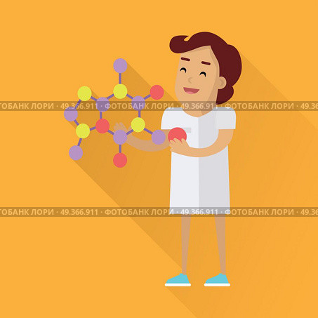 Scientists Woman at Work. Scientists woman in white robe at work. Scientist physicist holding model of a mineral crystal structure. Scientists in lab. Science and technology development, scientific research, lab research. Стоковая иллюстрация, агентство Ingram Publishing / Фотобанк Лори