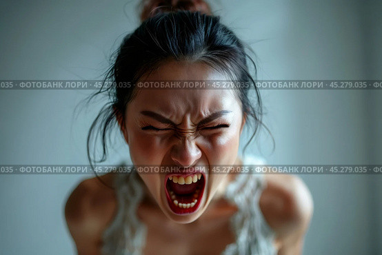 Screaming, hate, rage. Crying emotional angry caucasian woman screaming, yelling on gray studio background. Emotional, young face. Female close up portrait. Human emotions, facial expression concept. Стоковое AI-изображение, AI-художник Sergey Grishin / Фотобанк Лори