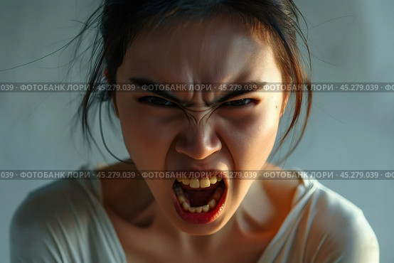 Screaming, hate, rage. Crying emotional angry caucasian woman screaming, yelling on gray studio background. Emotional, young face. Female close up portrait. Human emotions, facial expression concept. Стоковое AI-изображение, AI-художник Sergey Grishin / Фотобанк Лори