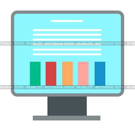 Screen of computer monitor. Data or records. Portable devices tablet pc. Cross platform and multimedia, website, wi-fi. Computer light blue screen with white abstract text and colorful blocks. Blue computer screen of stand monitor with data, graphs or reports. Office devices. Flat image. Стоковая иллюстрация, агентство Ingram Publishing / Фотобанк Лори