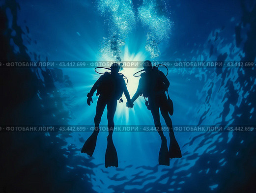 Scuba Divers Holding Hands Underwater. Стоковое AI-изображение, AI-художник Кирилл Черезов / Фотобанк Лори