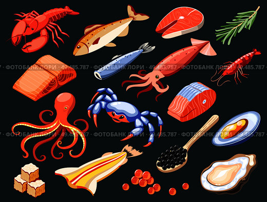 Sea food isolated colored icons with salmon filet calamari caviar mussels crabs oysters shark meat on black background isometric vector illustration. Стоковая иллюстрация, агентство Ingram Publishing / Фотобанк Лори