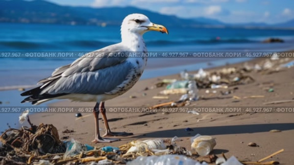 Sea gull on the coast polluted by plastic debris. Стоковое AI-видео, аниматор Ирина Старикова / Фотобанк Лори