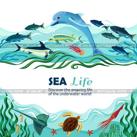 Sea Underwater Life Cartoon Illustration. Cartoon vector illustration of sea life with exotic underwater inhabitants and shoal of fishes in marine waves . Стоковая иллюстрация, агентство Ingram Publishing / Фотобанк Лори