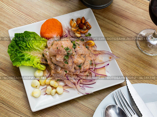 Seafood ceviche from hake with onion and vegetables. Стоковое фото, фотограф Яков Филимонов / Фотобанк Лори
