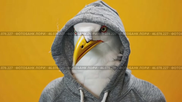 Seagull with a elegant gray hoody on a solid studio yellow color background. Copy space for text. Cute cool gull dressed fashion clothes, hood at head. Humor, summer. Funny animal creative concept. Стоковое AI-видео, аниматор Марина Демидюк / Фотобанк Лори
