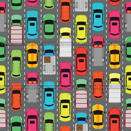 Seamless Pattern Cars on Parking. Endless Texture. Seamless pattern with cars on parking. Endless texture with different kinds of automobiles. Wallpaper design with transport vehicles. Parking lot or car park. Large number of cars in crowded parking. Vector. Стоковая иллюстрация, агентство Ingram Publishing / Фотобанк Лори
