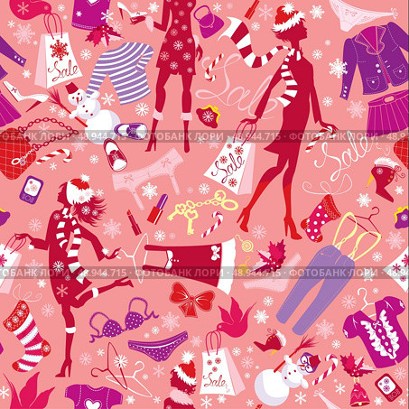 Seamless pattern in pink colors - Silhouettes of fashionable girls with colorful glamor clothes and accessories in Christmas Sale time. Стоковая иллюстрация, агентство Ingram Publishing / Фотобанк Лори