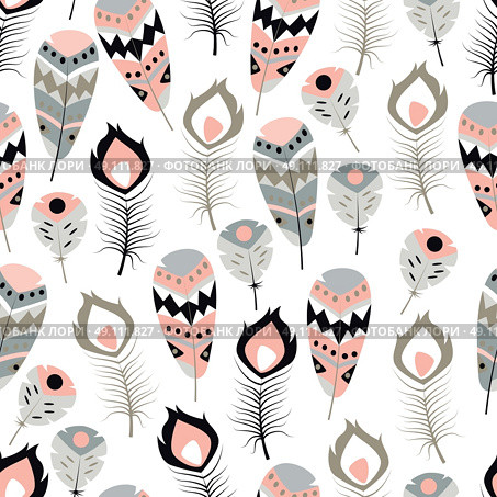 Seamless pattern with boho vintage tribal ethnic colorful vibrant feathers, vector illustration. Стоковая иллюстрация, агентство Ingram Publishing / Фотобанк Лори