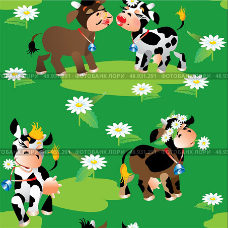 Seamless pattern with cute cartoon cows on green background. Ready to use as swatch. Стоковая иллюстрация, агентство Ingram Publishing / Фотобанк Лори