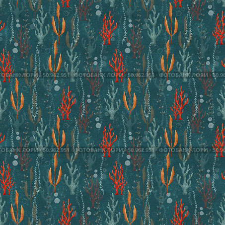 Seamless pattern with hand-drawn multi-colored algae. Стоковая иллюстрация, иллюстратор Елена Захаревич / Фотобанк Лори
