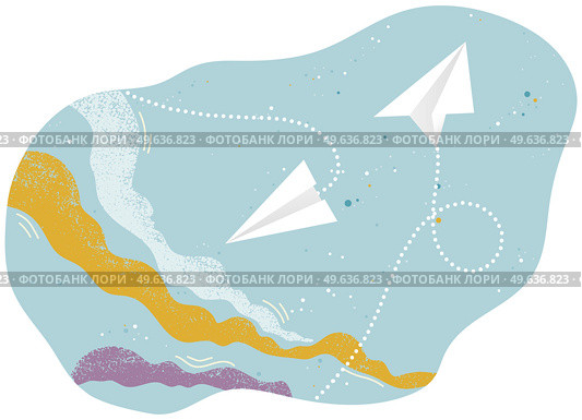 Seamless pattern with paper planes aircraft. Flying aircrafts on blue background. Vector background mockup, illustration with airplanes made as origami from paper. White airplanes on pattern layout. White airplanes on pattern layout. Seamless mockup of with paper planes aircraft on blue background. Стоковая иллюстрация, агентство Ingram Publishing / Фотобанк Лори