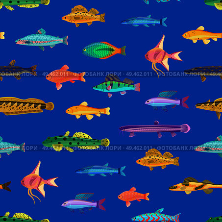 Seamless pattern with small marine creatutes cartoon vector illustration. Print for textile or fabric with sea inhabitants, cartoonish wallpaper.. Varicoloured Marine Creatures Seamless Pattern. Стоковая иллюстрация, агентство Ingram Publishing / Фотобанк Лори