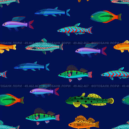 Seamless pattern with small marine creatutes cartoon vector illustration. Print for textile or fabric with sea inhabitants, cartoonish wallpaper.. Varicoloured Marine Creatures Seamless Pattern. Стоковая иллюстрация, агентство Ingram Publishing / Фотобанк Лори