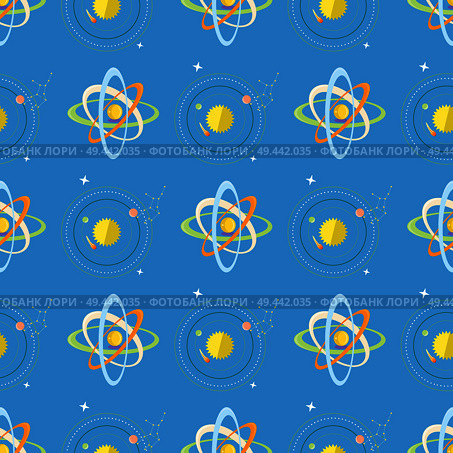Seamless pattern with solar system and planets rotating around sun. Scheme of astronomical objects in universe vector illustration.. Seamless Pattern Solar System and Planets Rotating. Стоковая иллюстрация, агентство Ingram Publishing / Фотобанк Лори