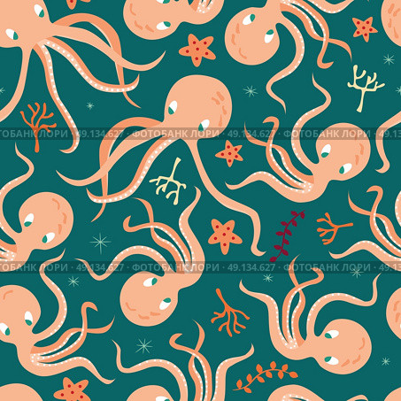 Seamless pattern with underwater ocean animals, cute octopus and starfish, colorful vector illustration. Стоковая иллюстрация, агентство Ingram Publishing / Фотобанк Лори